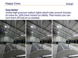 Happy Cows                                              Dialight

    Even better
    Unlike high pressure sodium lights which take several minutes
    to come on, LEDs have instant-on ability. That means you can
    turn them off and on as needed.




8
 