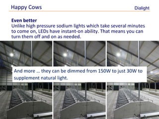 Happy Cows                                              Dialight

    Even better
    Unlike high pressure sodium lights which take several minutes
    to come on, LEDs have instant-on ability. That means you can
    turn them off and on as needed.




     And more … they can be dimmed from 150W to just 30W to
     supplement natural light.




9
 