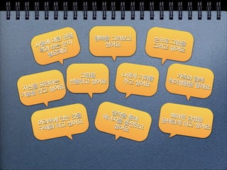 사물에 대한 관찰
력과 보는 눈이  
필요해요
행복을 그려보고  
싶어요
손으로 그림을  그리고 싶어요
자신을 표현하는  
기술을 갖고 싶어요
나에게 기회를  주고 싶어요
가족와 함께  취미생활을 할래요
머리속에 있는 것을  
구체화 하고 싶어요
그림을  
선물하고 싶어요
메마른 감성을  윤택하게 하고 싶어요
창작을 통해  
에너지를 충전하고  싶어요
 