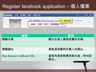 Register facebook application – 個人檔案 參數 說明 標籤名稱 顯示在個人檔案頁籤的名稱。 標籤網址 當點選頁籤時所載入的網址。 Post-Remove Callback URL 當使用者移除應用程式後，呼叫的網址。 