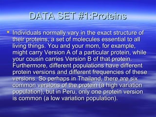 DATA SET #1:ProteinsDATA SET #1:Proteins
 Individuals normally vary in the exact structure ofIndividuals normally vary in the exact structure of
their proteins, a set of molecules essential to alltheir proteins, a set of molecules essential to all
living things. You and your mom, for example,living things. You and your mom, for example,
might carry Version A of a particular protein, whilemight carry Version A of a particular protein, while
your cousin carries Version B of that protein.your cousin carries Version B of that protein.
Furthermore, different populations have differentFurthermore, different populations have different
protein versions and different frequencies of theseprotein versions and different frequencies of these
versions. So perhaps in Thailand, there are sixversions. So perhaps in Thailand, there are six
common versions of the protein (a high variationcommon versions of the protein (a high variation
population), but in Peru, only one protein versionpopulation), but in Peru, only one protein version
is common (a low variation population).is common (a low variation population).
 