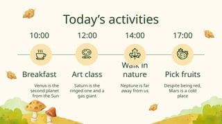 Today’s activities
Despite being red,
Mars is a cold
place
Pick fruits
Neptune is far
away from us
Walk in
nature
Saturn is the
ringed one and a
gas giant
Art class
Venus is the
second planet
from the Sun
Breakfast
17:00
14:00
12:00
10:00
 