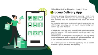 Why Now Is the Time to Launch Your
Grocery Delivery App
The online grocery delivery industry is booming — and it’s not
slowing down. With millions of users now expecting groceries at
their doorstep, apps like HappyFresh have proven the model
works.
But here’s the opportunity: local markets are still underserved, and
with the right technology, you can launch a customized grocery
delivery app faster than ever.
A HappyFresh Clone App offers a ready-made solution with all the
essential features — fully customizable to your brand, region, and
business goals.
Whether you’re an entrepreneur looking for your next big startup
or a business owner ready to digitize your grocery operations. This
is your chance to tap into a multi-billion dollar market.
Let us show you how to turn this opportunity into a scalable
business — quickly, efficiently, and profitably.
 