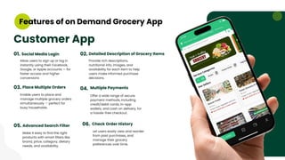 Provide rich descriptions,
nutritional info, images, and
availability for each item to help
users make informed purchase
decisions.
Offer a wide range of secure
payment methods, including
credit/debit cards, in-app
wallets, and cash on delivery, for
a hassle-free checkout.
04. Multiple Payments
06. Check Order History
Customer App
Allow users to sign up or log in
instantly using their Facebook,
Google, or Apple accounts — for
faster access and higher
conversions
01. 02.
Enable users to place and
manage multiple grocery orders
simultaneously — perfect for
busy households.
03.
Social Media Login Detailed Description of Grocery Items
Place Multiple Orders
05.
Make it easy to find the right
products with smart filters like
brand, price, category, dietary
needs, and availability.
Let users easily view and reorder
from past purchases, and
manage their grocery
preferences over time.
Advanced Search Filter
Features of on Demand Grocery App
 