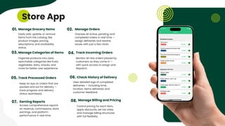 Grocery Store Presentation
Store App
Easily add, update, or remove
items from the catalog, like
product images, pricing,
descriptions, and availability
status.
01.
Oversee all active, pending, and
completed orders in real time —
assign deliveries and resolve
issues with just a few clicks.
02.
Organize products into clear,
searchable categories like fruits,
vegetables, dairy, snacks, and
more for better user experience.
03.
Monitor all new orders placed by
customers as they come in —
with quick access to assign and
dispatch.
04.
Manage Grocery Items Manage Orders
Manage Categories of Items Track Incoming Orders
05. 06.
Keep an eye on orders that are
packed and out for delivery —
track progress and delivery
status seamlessly.
View detailed logs of completed
deliveries — including time,
location, items delivered, and
customer feedback.
Track Processed Orders Check History of Delivery
07. Earning Reports
Access comprehensive reports
on revenue, commissions, store
earnings, and platform
performance in real time.
08. Manage Billing and Pricing
Control pricing for each item,
apply discounts, set tax rates,
and manage billing structures
with full flexibility.
 
