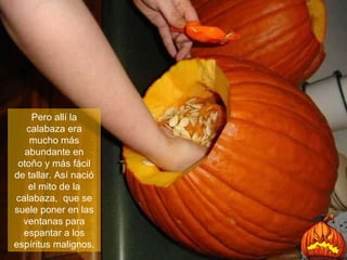 Pero allí la calabaza era mucho más abundante en otoño y más fácil de tallar. Así nació el mito de la calabaza,  que se suele poner en las ventanas para espantar a los espíritus malignos. 