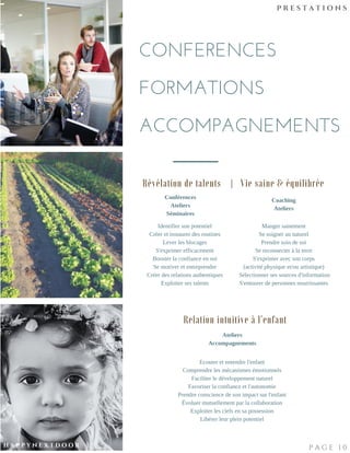 CONFERENCES
FORMATIONS
ACCOMPAGNEMENTS
P R E S T A T I O N S
P A G E 1 0
Conférences
Ateliers
Séminaires
Coaching
Ateliers
Ateliers
Accompagnements
Manger sainement
Se soigner au naturel
Prendre soin de soi
Se reconnecter à la terre
S'exprimer avec son corps
(activité physique et/ou artistique)
 Sélectionner ses sources d'information
S'entourer de personnes nourrissantes
Identifier son potentiel
Créer et instaurer des routines
Lever les blocages
S'exprimer efficacement
Booster la confiance en soi
Se motiver et entreprendre
Créer des relations authentiques
Exploiter ses talents
Ecouter et entendre l'enfant
Comprendre les mécanismes émotionnels
Faciliter le développement naturel
Favoriser la confiance et l'autonomie
Prendre conscience de son impact sur l'enfant
Évoluer mutuellement par la collaboration
Exploiter les clefs en sa possession
Libérer leur plein potentiel
H A P P Y N E X T D O O R
Révélation de talents | Vie saine & équilibrée
Relation intuitive à l'enfant
 