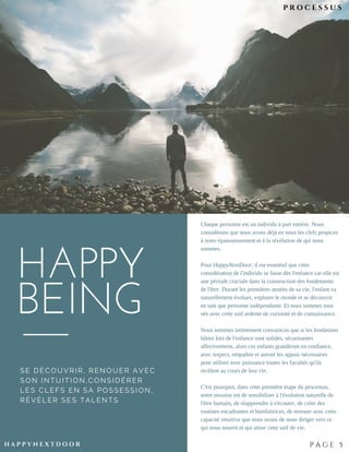 HAPPY
BEING
SE DÉCOUVRIR, RENOUER AVEC
SON INTUITION,CONSIDÉRER
LES CLEFS EN SA POSSESSION,
RÉVÉLER SES TALENTS
Chaque personne est un individu à part entière. Nous
considérons que nous avons déjà en nous les clefs propices
à notre épanouissement et à la révélation de qui nous
sommes. 
Pour HappyNextDoor, il est essentiel que cette
considération de l'individu se fasse dès l'enfance car elle est
une période cruciale dans la construction des fondements
de l'être. Durant les premières années de sa vie, l'enfant va
naturellement évoluer, explorer le monde et se découvrir
en tant que personne indépendante. Et nous sommes tous
nés avec cette soif ardente de curiosité et de connaissance.
Nous sommes intimement convaincus que si les fondations
bâties lors de l'enfance sont solides, sécurisantes
affectivement, alors ces enfants grandiront en confiance,
avec respect, empathie et auront les appuis nécessaires
pour utiliser avec puissance toutes les facultés qu'ils
recèlent au cours de leur vie.
C'est pourquoi, dans cette première étape du processus,
notre mission est de sensibiliser à l'évolution naturelle de
l'être humain, de réapprendre à s'écouter, de créer des
routines encadrantes et bienfaitrices, de renouer avec cette
capacité intuitive que nous avons de nous diriger vers ce
qui nous nourrit et qui attise cette soif de vie. 
N O M A D I C | 2 4
H A P P Y N E X T D O O R
P R O C E S S U S
P A G E 5
 