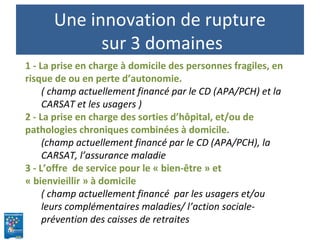 Une innovation de rupture
sur 3 domaines
1 - La prise en charge à domicile des personnes fragiles, en
risque de ou en perte d’autonomie.
( champ actuellement financé par le CD (APA/PCH) et la
CARSAT et les usagers )
2 - La prise en charge des sorties d’hôpital, et/ou de
pathologies chroniques combinées à domicile.
(champ actuellement financé par le CD (APA/PCH), la
CARSAT, l’assurance maladie
3 - L’offre de service pour le « bien-être » et
« bienvieillir » à domicile
( champ actuellement financé par les usagers et/ou
leurs complémentaires maladies/ l’action sociale-
prévention des caisses de retraites
 