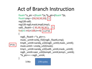 Act of Branch Instruction
float4 *a_ptr = (float4 *)a,*b_ptr=(float4 *)b;
float4 cmp = {50,50,50,50};
reg128 val0;
reg128 reg0,mask,tmp0,tmp1;
val0._float4 = { 30,30,30,30 };
for(int i=0;i<100;i+=4)
{
reg0._float4 = *a_ptr++;
mask._uint4=vcltq_f32(reg0._float4,cmp);
tmp0._uint4=vandq_u32(reg0._uint4,mask._uint4);
mask.uint4 = vnotq_u32(mask);
tmp1._uint4=vandq_u32(val0._uint4,mask._uint4);
reg0._uint4=vxor_u32(temp0._uint4,temp1._uint4);
*b_ptr++ = reg0._uint4;
}
1+2*25
9*25
1
1
278 cycles
3.96x
 