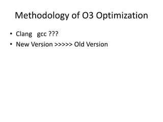 Methodology of O3 Optimization
• Clang gcc ???
• New Version >>>>> Old Version
 
