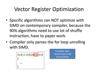 Vector Register Optimization
• Specific algorithms can NOT optimize with
SIMD on contemporary compiler, because the
90% algorithms need to use lot of shuffle
instruction, have to paper work.
• Compiler only parses the for loop unrolling
with SIMD.
for(int i=0;i<64;i++)
{
….
}
Compiler says:
I know how to do
vectorization
 
