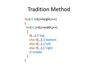 Tradition Method
for(int i=0;i<height;i++)
{
for(int j=0;j<width;j++)
{
if(...) // top
else if(...) // bottom
else if(...) // left
else if(...) // right
// middle
}
}
 