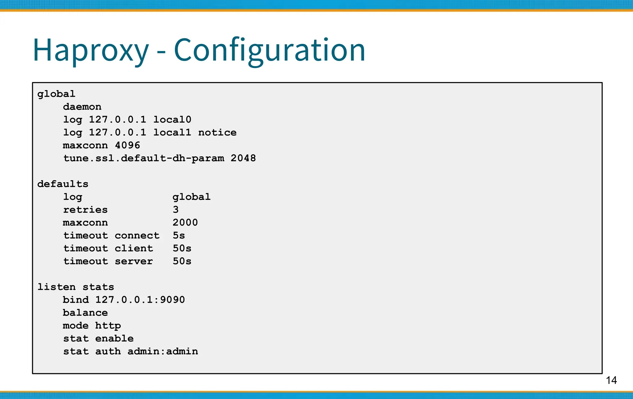 14
Haproxy - Configuration
global
daemon
log 127.0.0.1 local0
log 127.0.0.1 local1 notice
maxconn 4096
tune.ssl.default-dh-param 2048
defaults
log global
retries 3
maxconn 2000
timeout connect 5s
timeout client 50s
timeout server 50s
listen stats
bind 127.0.0.1:9090
balance
mode http
stat enable
stat auth admin:admin
 