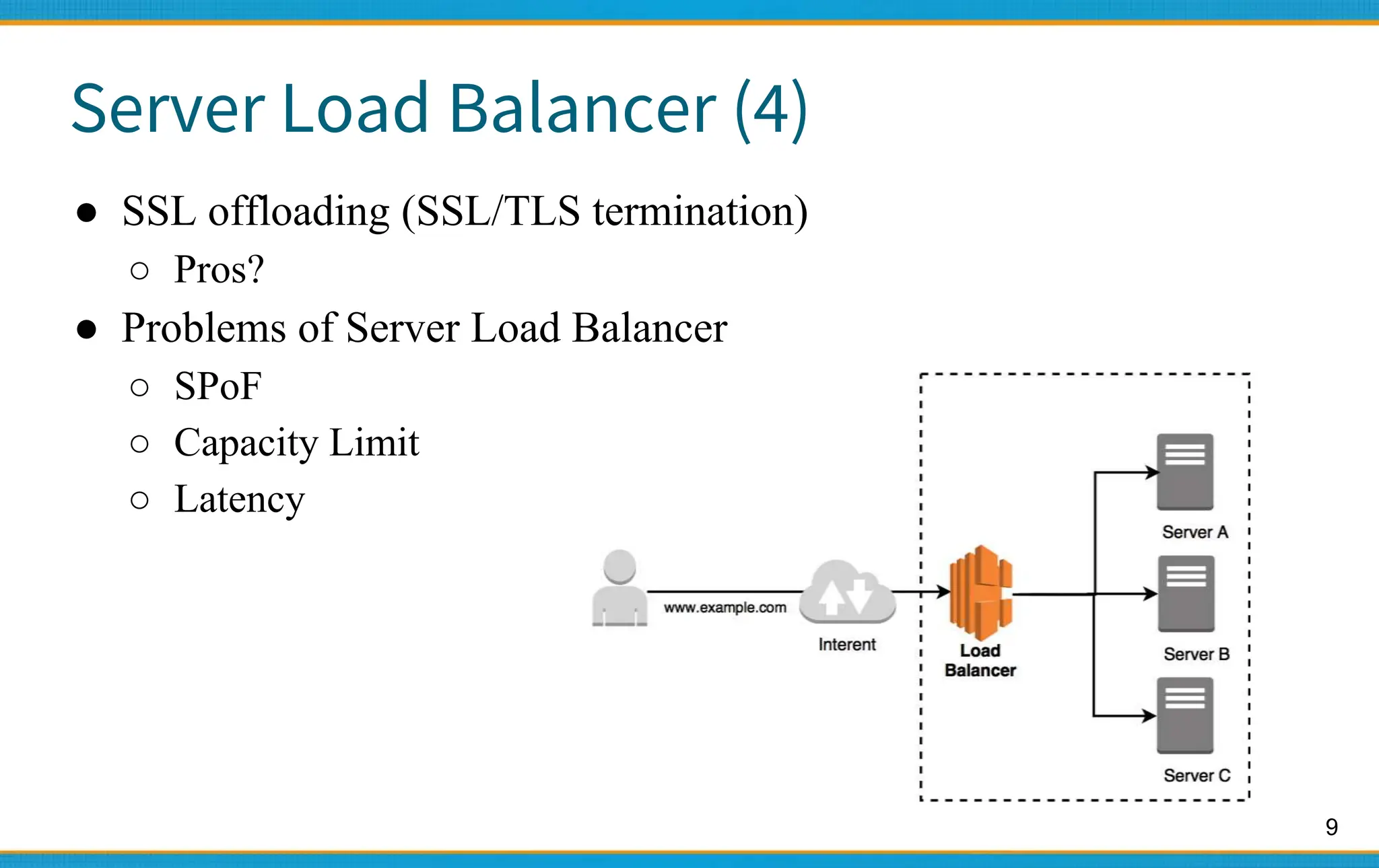 9
Server Load Balancer (4)
● SSL offloading (SSL/TLS termination)
○ Pros?
● Problems of Server Load Balancer
○ SPoF
○ Capacity Limit
○ Latency
 