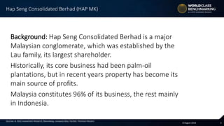 38 August 2016
Sources: A. Stotz Investment Research, Bloomberg, company data, FactSet, Thomson Reuters
Background: Hap Seng Consolidated Berhad is a major
Malaysian conglomerate, which was established by the
Lau family, its largest shareholder.
Historically, its core business had been palm-oil
plantations, but in recent years property has become its
main source of profits.
Malaysia constitutes 96% of its business, the rest mainly
in Indonesia.
Hap Seng Consolidated Berhad (HAP MK)
 