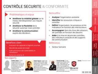 Notre offre
• Analyser l’organisation existante
• Identifier les ressources critiques à
contrôler
• Définir l’organisation, les processus et les
indicateurs en fonction des interlocuteurs
• Accompagner dans les choix des solutions
de contrôles en fonction des besoins
• Aider à la mise en œuvre des contrôles,
des indicateurs associés et des supports
de communication
Références
• Secteur bancaire
CONTRÔLE SECURITE & CONFORMITE
Problématiques et enjeux
Améliorer la visibilité globale sur le
niveau réel d’exposition aux risques
sécurité
Améliorer la flexibilité de la
sécurité: autoriser mais contrôler
Améliorer la communication
auprès des décideurs
Notre
constat
Un
guichet
unique
Pourquoi
Hapsis?
ContactProcess
Volet
humain
Stratégie
Transfor-
mation
numérique
Protection
del’infra-
structure
Nos experts
Bénéfices client
• Inventaire des appareils et logiciels autorisés
• Sécurité des postes de travail
• Audit permanent des vulnérabilités et
remédiation
• Carnet de santé du SI
Frédéric Bujon, 15 ans
d'expérience en SSI ,
certifié CISSP et ITIL v3. Ses
expériences lui ont permis
de développer une vision
transverse quant au
traitement de la
problématique SSI au sein
de grands comptes.
Fabien Dupuis certifié Lead
Auditor ISO/CEI 27001, Lead
Implementer, ISO/CEI 27005
Risk Manager. Sa formation lui
a permis de mener
efficacement des projets à
fortes exigences fonctionnelles
dans des environnements
complexes.
Arnaud Ouraga, 15 ans
d'expérience, certifié CISSP,
CISM , Lead Auditor ISO
27001 et Risk Manager ISO
27005. Il accompagne les
responsables de la sécurité
des SI dans leurs missions
de protection du
patrimoine informationnel.
Qualys, Partenariat conseil
 