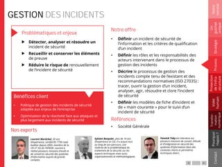 GESTION DES INCIDENTS
Problématiques et enjeux
Détecter, analyser et résoudre un
incident de sécurité
Recueillir et conserver les éléments
de preuve
Réduire le risque de renouvellement
de l’incident de sécurité
Notre offre
• Définir un incident de sécurité de
l’information et les critères de qualification
d’un incident
• Définir les rôles et les responsabilités des
acteurs intervenant dans le processus de
gestion des incidents
• Décrire le processus de gestion des
incidents compte tenu de l’existant et des
recommandations normatives (ISO 27035) :
tracer, ouvrir la gestion d’un incident,
analyser, agir, résoudre et clore l’incident
de sécurité
• Définir les modèles de fiche d’incident et
de « main courante » pour le suivi d’un
incident de sécurité
Références
• Société Générale
Notre
constat
Un
guichet
unique
Pourquoi
Hapsis?
ContactProcess
Volet
humain
Stratégie
Transfor-
mation
numérique
Protection
del’infra-
structure
Nos experts
Bénéfices client
• Politique de gestion des incidents de sécurité
adaptée aux enjeux de l’entreprise
• Optimisation de la réactivité face aux attaques et
plus largement aux incidents de sécurité
Laurent Maréchal, 20 ans
d’expérience, certifié BS 7799 Lead
Auditor depuis 2005, membre de la
CN 27 SSI de l'AFNOR. Laurent a
réalisé plusieurs missions d’audit et
de conseil en sécurité des systèmes
d’information auprès de grands
comptes.
Sylvain Bosquier, plus de 14 ans
d’expérience en SSI, il a acquis tout
au long de son parcours, une
maîtrise de la problématique du
traitement de la sécurité, sur les
aspects techniques mais aussi
organisationnels et méthodologiques.
Yannick Toby est intervenu sur
plusieurs missions de conseil, d’étude
et d’intégration en sécurité des
systèmes d’information dans des
contextes clients et périmètres
techniques divers.
 