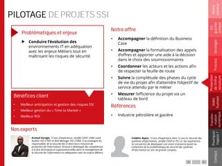 PILOTAGE DE PROJETS SSI
Problématiques et enjeux
Conduire l’évolution des
environnements IT en adéquation
avec les enjeux Métiers tout en
maîtrisant les risques de sécurité
Notre offre
• Accompagner la définition du Business
Case
• Accompagner la formalisation des appels
d’offres et apporter une aide à la décision
dans le choix des soumissionnaires
• Coordonner les acteurs et les actions afin
de respecter la feuille de route
• Suivre la complétude des phases du cycle
de vie du projet afin d’atteindre l’objectif de
service attendu par le métier
• Mesurer l’efficience du projet via un
tableau de bord
Références
• Industrie pétrolière et gazière
Notre
constat
Un
guichet
unique
Pourquoi
Hapsis?
ContactProcess
Volet
humain
Stratégie
Transfor-
mation
numérique
Protection
del’infra-
structure
Nos experts
Bénéfices client
• Meilleur anticipation et gestion des risques SSI
• Meilleur gestion du « Time to Market »
• Meilleur ROI
Arnaud Ouraga, 15 ans d'expérience, certifié CISSP, CISM, Lead
Auditor ISO 27001 et Risk Manager ISO 27005. Il accompagne les
responsables de la sécurité des SI dans leurs missions de
protection de l’information. Arnaud a développé des compétences
à la fois techniques et organisationnelles dans le management de
la sécurité de l'information en adéquation avec les enjeux Métiers.
Frédéric Bujon, 15 ans d'expérience dont 12 ans en sécurité des
systèmes d’information, certifié CISSP et ITIL v3. Ses expériences
lui ont permis de développer une vision transverse quant au
traitement de la problématique de sécurité des systèmes
d’information au sein de grands comptes.
 