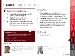SECURITE PAR LES BIG DATA
Problématiques et enjeux
Savoir détecter et interpréter des
signaux faibles d'attaques
Capitaliser sur les sources de
données déjà existantes
Bâtir une capacité de traitement
avec des sources de données variées
(à la fois internes et externes)
Notre offre
• Accompagner dans la définition de
processus récurrents (création des règles
de corrélation, traitement des alertes...)
• Conseiller dans le choix des outils et d'une
possible externalisation de l'activité
• Gérer la transition d'une approche SIEM
(solutions de gestion des événements et
des informations de sécurité ) vers une
approche Big Data
Références
• Société Générale
Notre
constat
Un
guichet
unique
Pourquoi
Hapsis?
ContactProcess
Volet
humain
Stratégie
Transfor-
mation
numérique
Protection
del’infra-
structure
Bénéfices client
• Détecter des attaques ciblées passées sous le
radar des outils classiques de sécurité
• Gagner en agilité
• Renforcer la détection et la réaction
Ronan Le Nozach, 10 d’expérience en sécurité informatique. Il a
commencé sa carrière par la conception et l'implémentation de
mesures de protection pour divers clients, ce qui a lui a permis
d'acquérir une expertise technique pointue. Il est par ailleurs
certifié CISSP, CISA et CISM.
Sylvain Bosquier, plus de 14 ans d’expérience en SSI, il a acquis
tout au long de son parcours, une maîtrise de la problématique du
traitement de la sécurité.
Nos experts
 
