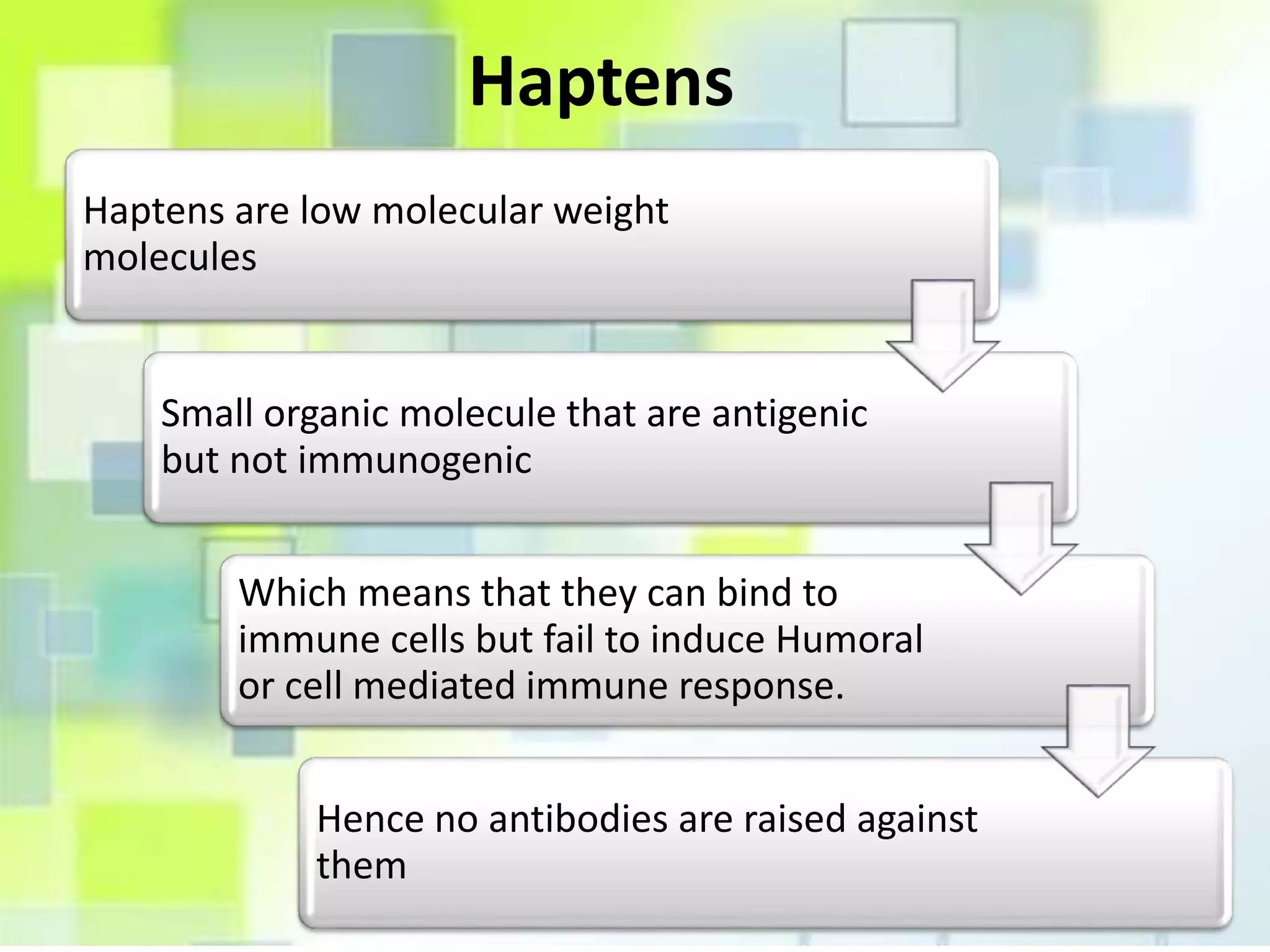 Haptens
Haptens are low molecular weight
molecules
Small organic molecule that are antigenic
but not immunogenic
Which means that they can bind to
immune cells but fail to induce Humoral
or cell mediated immune response.
Hence no antibodies are raised against
them
 