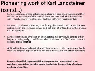 By observing which hapten modifications prevented or permitted cross-
reactions, Landsteiner was able to gain insight into the specificity of antigen
antibody interactions
Pioneering work of Karl Landsteiner
(contd…)
• Landsteiner immunized rabbits with a hapten-carrier conjugate and then
tested the reactivity of the rabbit’s immune sera with that hapten and
with closely related haptens coupled to a different carrier protein
• He was thus able to measure, specifically, the reaction of the antihapten
antibodies in the immune serum and not that of antibodies to the original
carrier epitopes
• Landsteiner tested whether an antihapten antibody could bind to other
haptens having a slightly different chemical structure. Such reactions are
called a cross-reaction
• Antibodies developed against aminobenzene or its derivatives react only
with the original hapten and do not cross react with any other derivative.
 