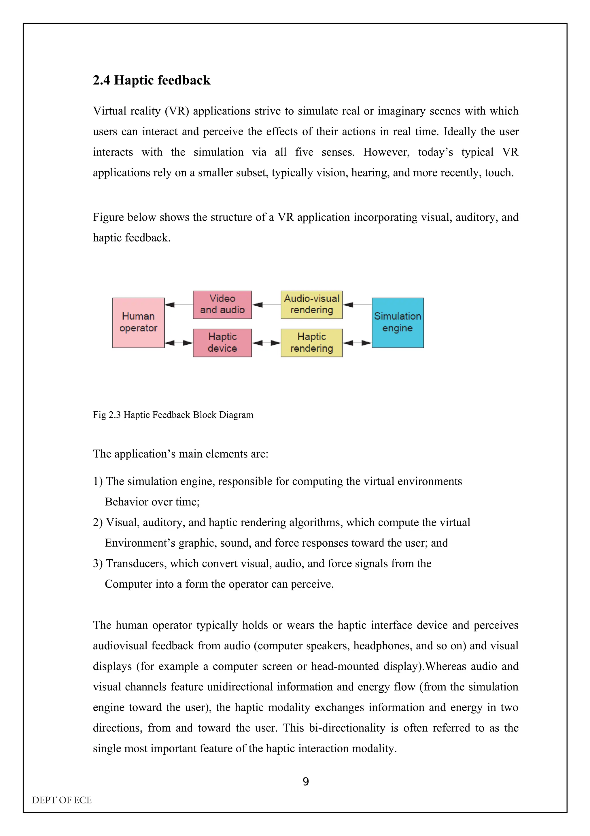 2.4 Haptic feedback
Virtual reality (VR) applications strive to simulate real or imaginary scenes with which
users can interact and perceive the effects of their actions in real time. Ideally the user
interacts with the simulation via all five senses. However, today’s typical VR
applications rely on a smaller subset, typically vision, hearing, and more recently, touch.
Figure below shows the structure of a VR application incorporating visual, auditory, and
haptic feedback.
Fig 2.3 Haptic Feedback Block Diagram
The application’s main elements are:
1) The simulation engine, responsible for computing the virtual environments
Behavior over time;
2) Visual, auditory, and haptic rendering algorithms, which compute the virtual
Environment’s graphic, sound, and force responses toward the user; and
3) Transducers, which convert visual, audio, and force signals from the
Computer into a form the operator can perceive.
The human operator typically holds or wears the haptic interface device and perceives
audiovisual feedback from audio (computer speakers, headphones, and so on) and visual
displays (for example a computer screen or head-mounted display).Whereas audio and
visual channels feature unidirectional information and energy flow (from the simulation
engine toward the user), the haptic modality exchanges information and energy in two
directions, from and toward the user. This bi-directionality is often referred to as the
single most important feature of the haptic interaction modality.
9
DEPT OF ECE
 