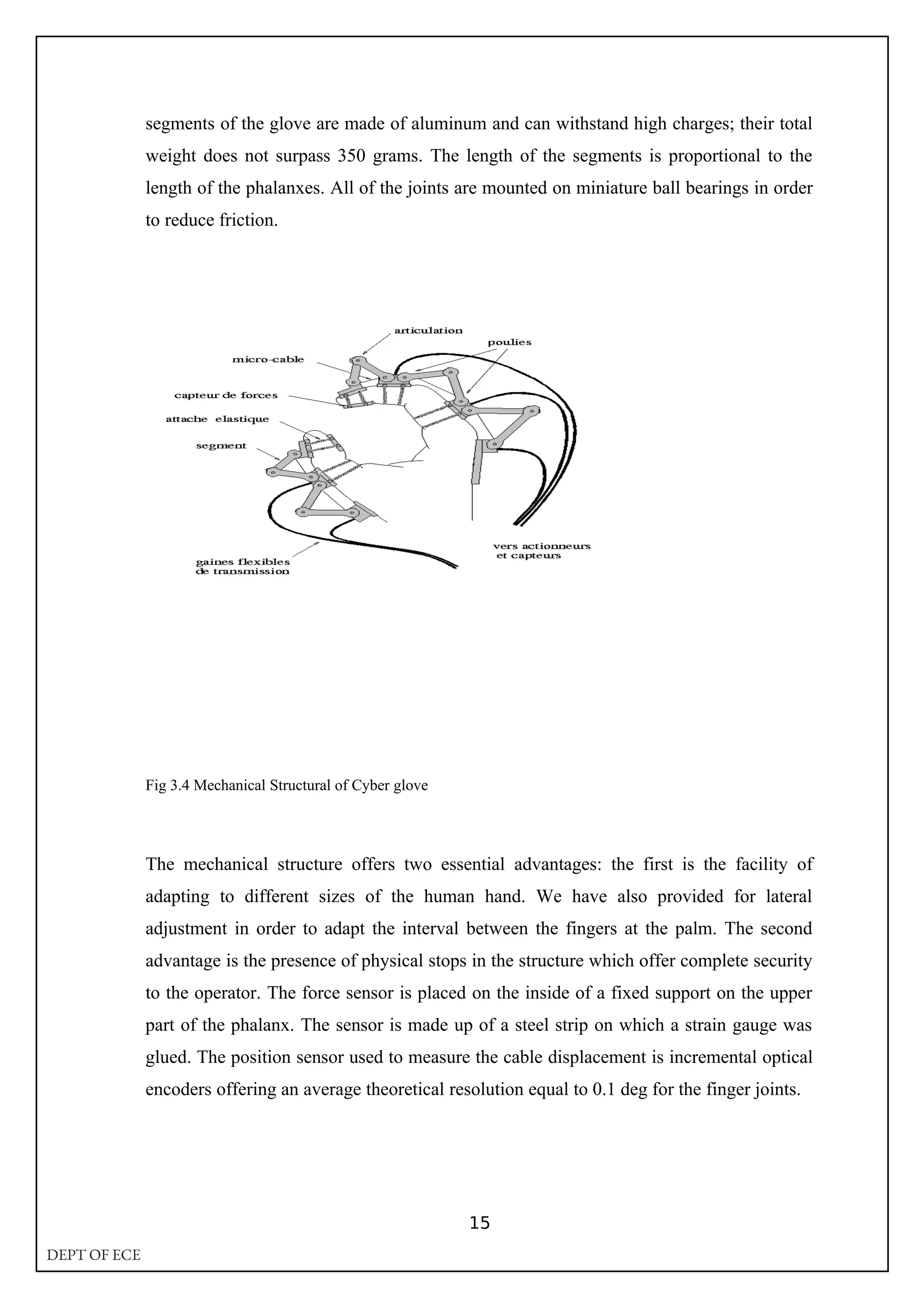 segments of the glove are made of aluminum and can withstand high charges; their total
weight does not surpass 350 grams. The length of the segments is proportional to the
length of the phalanxes. All of the joints are mounted on miniature ball bearings in order
to reduce friction.
Fig 3.4 Mechanical Structural of Cyber glove
The mechanical structure offers two essential advantages: the first is the facility of
adapting to different sizes of the human hand. We have also provided for lateral
adjustment in order to adapt the interval between the fingers at the palm. The second
advantage is the presence of physical stops in the structure which offer complete security
to the operator. The force sensor is placed on the inside of a fixed support on the upper
part of the phalanx. The sensor is made up of a steel strip on which a strain gauge was
glued. The position sensor used to measure the cable displacement is incremental optical
encoders offering an average theoretical resolution equal to 0.1 deg for the finger joints.
15
DEPT OF ECE
 