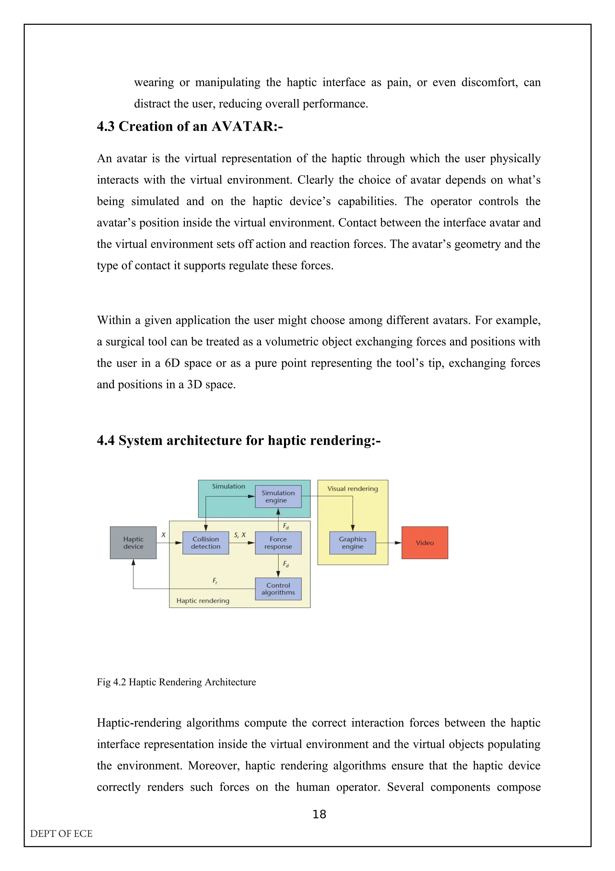 wearing or manipulating the haptic interface as pain, or even discomfort, can
distract the user, reducing overall performance.
4.3 Creation of an AVATAR:-
An avatar is the virtual representation of the haptic through which the user physically
interacts with the virtual environment. Clearly the choice of avatar depends on what’s
being simulated and on the haptic device’s capabilities. The operator controls the
avatar’s position inside the virtual environment. Contact between the interface avatar and
the virtual environment sets off action and reaction forces. The avatar’s geometry and the
type of contact it supports regulate these forces.
Within a given application the user might choose among different avatars. For example,
a surgical tool can be treated as a volumetric object exchanging forces and positions with
the user in a 6D space or as a pure point representing the tool’s tip, exchanging forces
and positions in a 3D space.
4.4 System architecture for haptic rendering:-
Fig 4.2 Haptic Rendering Architecture
Haptic-rendering algorithms compute the correct interaction forces between the haptic
interface representation inside the virtual environment and the virtual objects populating
the environment. Moreover, haptic rendering algorithms ensure that the haptic device
correctly renders such forces on the human operator. Several components compose
18
DEPT OF ECE
 