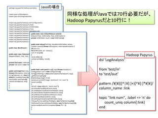 package org.apache.hadoop.examples;            Javaの場合
import java.io.IOException;
import java.util.StringTokenizer;
                                                                                同様な処理がJavaでは70行必要だが、
import org.apache.hadoop.conf.Configuration;
                                                                                Hadoop Papyrusだと10行に！
import org.apache.hadoop.fs.Path;
import org.apache.hadoop.io.IntWritable;
import org.apache.hadoop.io.Text;
import org.apache.hadoop.mapreduce.Job;
import org.apache.hadoop.mapreduce.Mapper; IntSumReducer extends
                              public static class
import org.apache.hadoop.mapreduce.Reducer;
                              Reducer<Text, IntWritable, Text, IntWritable> {
import org.apache.hadoop.mapreduce.lib.input.FileInputFormat;
                              private IntWritable result = new IntWritable();
import org.apache.hadoop.mapreduce.lib.output.FileOutputFormat;
import org.apache.hadoop.util.GenericOptionsParser;
                               public void reduce(Text key, Iterable<IntWritable> values,
                               Context context) throws IOException, InterruptedException {
public class WordCount {       int sum = 0;
                               for (IntWritable val : values) {
                               sum += val.get();
public static class TokenizerMapper extends
                               }
Mapper<Object, Text, Text, IntWritable> {
                               result.set(sum);
                                                                                                                   Hadoop Papyrus
                                 context.write(key, result);
                                 }                                                             dsl 'LogAnalysis‘
private final static IntWritable one = new IntWritable(1);
                                 }
private Text word = new Text();

                                public static void main(String[] args) throws Exception {
public void map(Object key, Text value, Context context) Configuration();
                                Configuration conf = new
                                                                                               from ‘test/in‘
throws IOException, InterruptedException {
                                String[] otherArgs = new GenericOptionsParser(conf, args)
StringTokenizer itr = new StringTokenizer(value.toString());
                                .getRemainingArgs();
                                                                                               to ‘test/out’
while (itr.hasMoreTokens()) { if (otherArgs.length != 2) {
word.set(itr.nextToken());      System.err.println("Usage: wordcount <in> <out>");
context.write(word, one);       System.exit(2);
}
}
                                }                                                              pattern /¥[¥[([^|¥]:]+)[^¥]:]*¥]¥]/
                                Job job = new Job(conf, "word count");
}                               job.setJarByClass(WordCount.class);
                                job.setMapperClass(TokenizerMapper.class);
                                                                                               column_name :link
                                job.setCombinerClass(IntSumReducer.class);
                                job.setReducerClass(IntSumReducer.class);
                                job.setOutputKeyClass(Text.class);
                                job.setOutputValueClass(IntWritable.class);                    topic "link num", :label => 'n' do
                                FileInputFormat.addInputPath(job, new Path(otherArgs[0]));
                                FileOutputFormat.setOutputPath(job, new Path(otherArgs[1]));      count_uniq column[:link]
                                System.exit(job.waitForCompletion(true) ? 0 : 1);
                                }
                                }
                                                                                               end
 