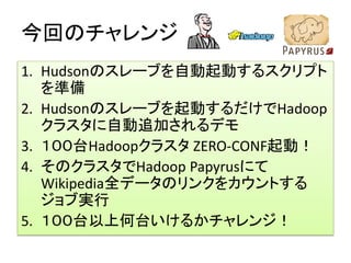 今回のチャレンジ
1. Hudsonのスレーブを自動起動するスクリプト
   を準備
2. Hudsonのスレーブを起動するだけでHadoop
   クラスタに自動追加されるデモ
3. １００台Hadoopクラスタ ZERO-CONF起動！
4. そのクラスタでHadoop Papyrusにて
   Wikipedia全データのリンクをカウントする
   ジョブ実行
5. １００台以上何台いけるかチャレンジ！
 