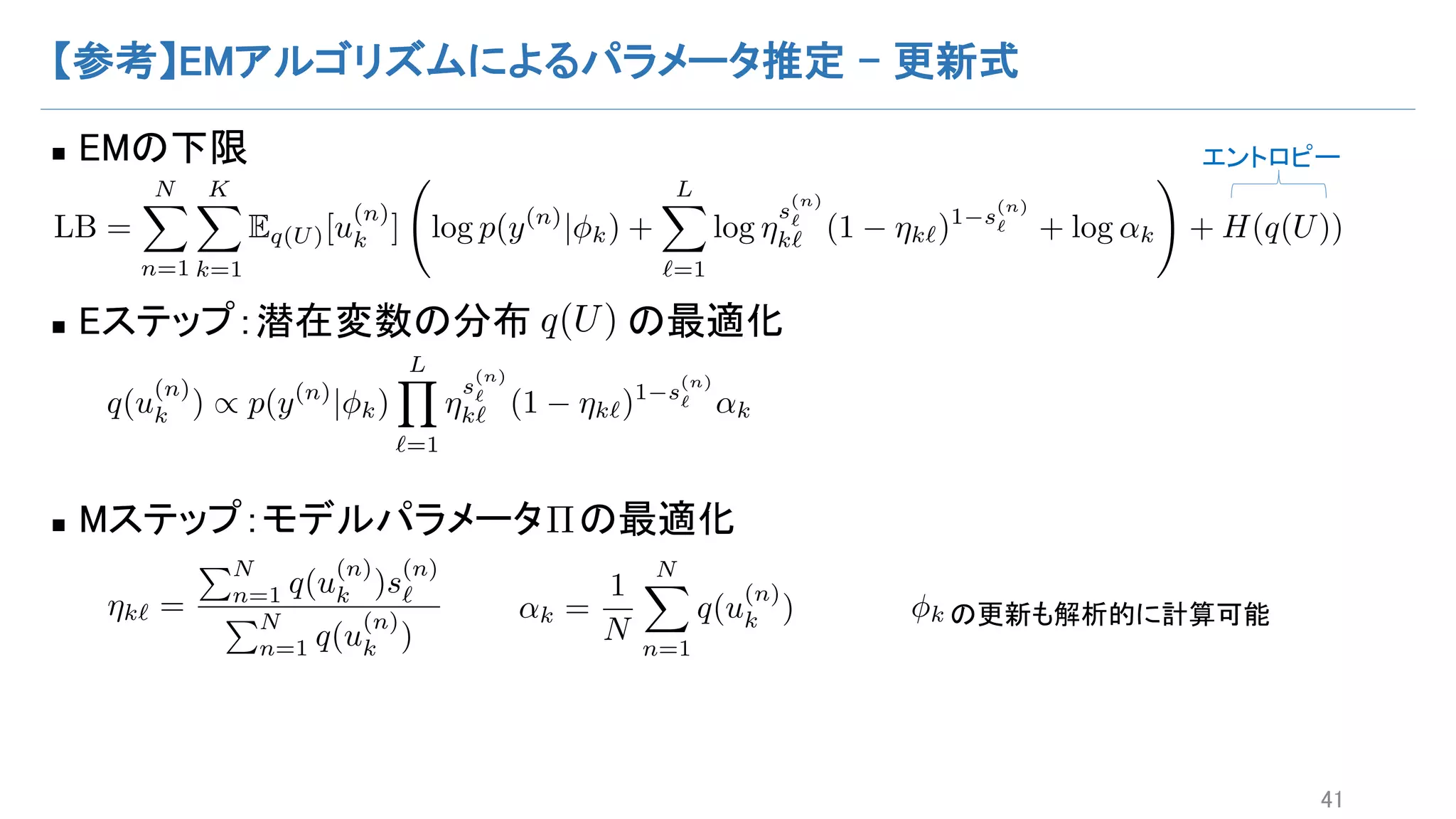 【参考】EMアルゴリズムによるパラメータ推定 - 更新式
n EMの下限
n Eステップ：潜在変数の分布 の最適化
n Mステップ：モデルパラメータ の最適化
41
エントロピー
⌘k` =
PN
n=1 q(u
(n)
k )s
(n)
`
PN
n=1 q(u
(n)
k )
↵k =
1
N
NX
n=1
q(u
(n)
k ) k の更新も解析的に計算可能
LB =
NX
n=1
KX
k=1
Eq(U)[u
(n)
k ] log p(y(n)
| k) +
LX
`=1
log ⌘
s
(n)
`
k` (1 ⌘k`)1 s
(n)
` + log ↵k
!
+ H(q(U))
q(U)
⇧
q(u
(n)
k ) / p(y(n)
| k)
LY
`=1
⌘
s
(n)
`
k` (1 ⌘k`)1 s
(n)
` ↵k
 