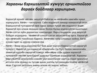 Харааны бэрхшээлтэй хүмүүс орчинтойгоо
дараах байдлаар харилцана.
Хараагүй хүнийг хөтлөх: аюулгүй байлгах нь хөтөчийн хамгийн чухал
хариуцлага. Хөтөч – чиглүүлнэ. Сайн мэдэхгүй замаар хохиролгүй осол
бэрхшээлтэй тулгарахгүй явж сурах замын тухай зөв мэдээлэл өгдөг.
Хараагүй хүн алхаж явахдаа санах болон бусад мэдэрхүйгээ ашигладаг.
Хөтөч сэтгэл зүйн дарамтаас хамгаалдаг. Яарч сандарсан үед аюулгүй
байдал алдагдана. Чөлөөтэй алхалт сэтгэл засах хялбар арга. Хараагүй
хүн хөтөчийн тохойноос барина. Хөтөчөөс хоёр алхамын хойно. Хагас
алхам гэдэг нь шууны хэмжээ юм
Хөтөч : Ямар хүнд хэрэгтэй бэ? Бие даан зорчих бэрхшээлтэй хараагүй
хүмүүст төдийгүй сул хараатай хүмүүсийн гэр бүл, болон эмнэлэгийн
ажилтай ердийн хараатай хүмүүс мөн хөрш сайн дурын хараагүй
хүмүүсийг хөтлөх арга барил дадалыг эзэмших шаардлагтай. Харааны
өөрчлөлттэй хүмүүсийн хэвийн үйл ажиллагааг сэргээх зориг эрмэлзэл
итгэлээ олж авахад нь туслах анхан шатны тусламжийн хэлбэр хөтөчтэй
явах. Сэргээн засалтын анхны алхам нь эндээс эхлэнэ.

 