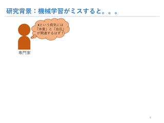 研究背景：機械学習がミスすると。。。
6
専門家
Xという病気には「体
重」と「血圧」が関連す
るはず！
 