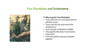 ❖ Why to go for Tree Plantation
• Trees clean the air, thus helps with Air
pollution crises.
• Trees cool the city and control the
temperature.
• Trees provide a habitat for wildlife.
• They significantly help in soil erosion.
• Trees Heal!
• Trees bring diverse group of people
together.
 