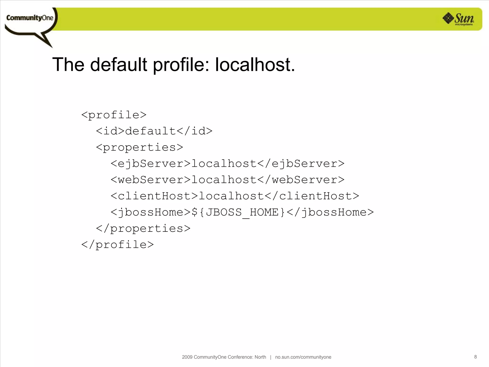 The default profile: localhost. <profile> <id>default</id> <properties> <ejbServer>localhost</ejbServer> <webServer>localhost</webServer> <clientHost>localhost</clientHost> <jbossHome>${JBOSS_HOME}</jbossHome> </properties> </profile> 