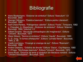 Bibliografie












Hans Biedermann, “Dicţionar de simboluri” Editura “Saeculum” I.O
Bucureşti, 2002
George Călinescu, “Estetica basmului”, “Editura pentru Literatură”,
Bucureşti, 1965
Iosif Cheie-Pantea, “Palingeneza valorilor”, Editura “Facla”, Timişoara, 1982
J. Chevalier, A. Gheerbrant, „Dicţionar de simboluri”, Editura “Artemis”,
Bucureşti, 1994, Volumul 1-3
Gilbert Durand, “Structurile antropologice ale imaginarului”, Editura
“Univers”, Bucureşti, 1977
Glare Gibson, “Semne şi simboluri”, Editura “Aquila”, Bucureşti, 1993
C. G. Jung, “In lumea arhetipurilor”, Editura “Jurnalul literar”, Bucureşti,
1994, p. 58
Vasile Lovinescu, “Creangă şi creanga de aur”, Editura “Rosmarin”,
Bucureşti, 1996
Andrei Oişteanu, “Grădina de dincolo” Editura “Dacia”, Cluj-Napoca, 1980
V.I.Propp, "Morfologia basmului", Editura "Univers", Bucuresti, 1970
Doina Ruşti, “Dicţonar de teme şi simboluri din literatura română”, Editura
“Univers enciclopedic”, Bucureşti, 2002

 