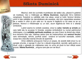 Sfânta Duminică
Înapoi la
agina
prima p

Mezinul, rănit de cuvintele mustrătoare ale tatălui său, pleacă în grădină
să mediteze. Aici o întâlneşte pe Sfânta Duminică, deghizată într-o bătrână
cerşetoare. Înzestrat cu calităţile cele mai alese, onest şi nobil, feciorul rămâne
uimit în faţa calităţilor de clarvăzătoare ale acesteia, căci prin capacitatea acesteia
de a vedea în viitor şi prin cele ce i le spune în legătură cu tot ceea ce se va
petrece, feciorul o milostiveşte cu un ban, acum legându-se între ei o alianţă
simbiotică.
Luând seama la vorbele acesteia, eroul ia calul, hainele şi armele pe
care tatăl său le avusese în tinereţe, acestea simbolizând nu numai patrimoniul
strămoşesc, ci şi calităţile spirituale ereditare, pe care Craiul, la rândul său iniţiat,
le-a transmis fiului său. Găsirea calului ţine de metamorfoza sub semnul focului
care reînnoieşte, reînvie, purifică acest conţinut al lucrurilor esenţiale, având
scopul de a dezvălui esenţa dincolo de aparenţă.
Orice călătorie presupune însă şi un popas, de acestă dată eroul nu se
opreşte oriunde, ci ajunge în zbor la o căsuţă singuratică, secretă, aptă pentru un
ritual, unde o găseşte pe vrăjitoarea care va urma să ducă la bun sfărşit acest
proces: Sfânta Duminică, „ singura care ştie ce-i de făcut”.

Iniţierea

Podul

 