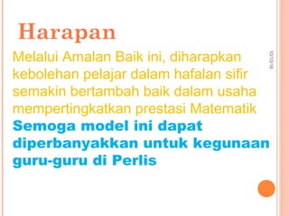 Harapan
10/10/16
Melalui Amalan Baik ini, diharapkan
kebolehan pelajar dalam hafalan sifir
semakin bertambah baik dalam usaha
mempertingkatkan prestasi Matematik
Semoga model ini dapat
diperbanyakkan untuk kegunaan
guru-guru di Perlis
 