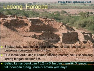 Ladang Harappa 
Image from: Mohenjador.net 
 Struktur batu bata besar yang dibangun di atas fondasi 
berukuran berukuran 45m x 45m. 
 Dua lantai terdiri dari 6 kamar, masing-masing diatur sepanjang 
lorong tengah selebar 7m. 
 Setiap kamar berukuan 15.2mx 6.1m dan memiliki 3 tempat 
tidur dengan ruang udara di antara keduanya. 
 