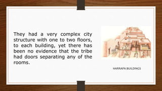 They had a very complex city
structure with one to two floors,
to each building, yet there has
been no evidence that the tribe
had doors separating any of the
rooms.
HARRAPA BUILDINGS
 