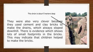 They were also very clever because
they used cement and clay bricks to
make the drains, which always sloped
downhill. There is evidence which shows
lots of small footprints in the bricks.
This may indicate that children helped
to make the bricks.
This drain is about 5 meters deep
 