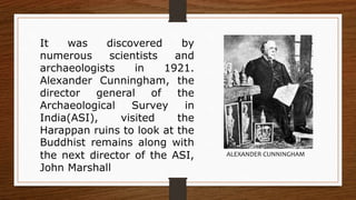 It was discovered by
numerous scientists and
archaeologists in 1921.
Alexander Cunningham, the
director general of the
Archaeological Survey in
India(ASI), visited the
Harappan ruins to look at the
Buddhist remains along with
the next director of the ASI,
John Marshall
ALEXANDER CUNNINGHAM
 