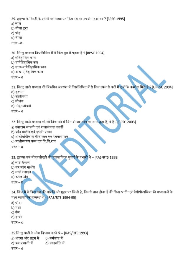 Harappa/Sindhu Sabhyta MCQ in Hindi for Competitive Exams | PDF
