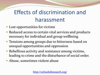 Effects of discrimination and
harassment
 Lost opportunities for victims
 Reduced access to certain vital services and products
necessary for individual and group wellbeing
 Tensions among groups due to bitterness based on
unequal opportunities and oppression
 Rebellious activity and resistance among victims,
leading to crime and the disturbance of social order.
 Abuse, sometimes violent abuse
http://schoolofresearch.org/
 