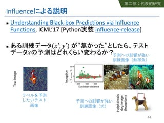 influence
n Understanding Black-box Predictions via Influence
Functions, ICML’17 [Python influence-release]
n ("′, %′)
"
44
 