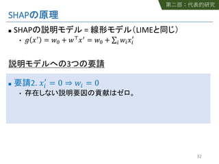 SHAP
n SHAP = LIME
• ! "# = %& + %("# = %& + ∑* %*"*
#
3
n 2. "*
#
= 0 ⇒ %* = 0
•
32
 
