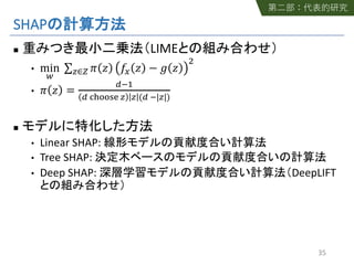 SHAP
n LIME
• min
$
∑&∈( ) * +, * − . *
/
• ) * =
123
1 456678 & & (1 2|&|)
n
• Linear SHAP:
• Tree SHAP:
• Deep SHAP: DeepLIFT
35
 