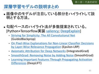 n
n
[Python+Tensorflow saliency; DeepExplain]
• Striving for Simplicity: The All Convolutional Net
(GuidedBackprop)
• On Pixel-Wise Explanations for Non-Linear Classifier Decisions
by Layer-Wise Relevance Propagation (Epsilon-LRP)
• Axiomatic Attribution for Deep Networks (IntegratedGrad)
• SmoothGrad: Removing Noise by Adding Noise (SmoothGrad)
• Learning Important Features Through Propagating Activation
Differences (DeepLIFT)
65
 