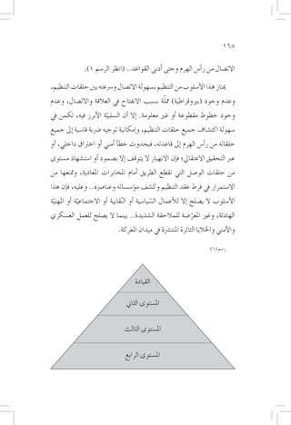 ‫861‬

               ‫االت�صال من ر�أ�س الهرم وحتى �أدنى القواعد.. (انظر الر�سم 1).‬

‫ميتاز هذا الأ�سلوب من التنظيم ب�سهولة االت�صال و�رسعته بني حلقات التنظيم،‬
                                           ‫ّ‬
‫وعدم وجود (بريوقراطية) مملة ب�سبب االنفتاح يف العالقة واالت�صال، وعدم‬
‫وجود خطوط مقطوعة �أو غري معلومة. �إال �أن ال�سلبية الأبرز فيه، تكمن يف‬
                     ‫ّ‬
‫�سهولة اكت�شاف جميع حلقات التنظيم، و�إمكانية توجيه �رضبة قا�سية �إىل جميع‬
‫حلقاته من ر�أ�س الهرم �إىل قاعدته، فبحدوث خط�أ �أمني �أو اخرتاق داخلي، �أو‬
‫عرب التحقيق االعتقايل؛ ف�إن االنهيار ال يتوقف �إال ب�صمود �أو ا�ست�شهاد م�ستوى‬
‫من حلقات الو�صل التي تقطع الطريق �أمام املخابرات املعادية، ومتنعها من‬
‫اال�ستمرار يف فرط عقد التنظيم وك�شف م�ؤ�س�ساته وعنا�رصه.. وعليه، ف�إن هذا‬
‫الأ�سلوب ال ي�صلح �إال للأعمال ال�سيا�سية �أو ال ّنقابية �أو االجتماعية �أو املهنية‬
 ‫ّ‬           ‫ّ‬                                   ‫ّ‬
‫الهادئة، وغري املعر�ضة للمالحقة ال�شديدة.. بينما ال ي�صلح للعمل الع�سكري‬
                                                     ‫ّ‬
                              ‫والأمني واخلاليا الثائرة املنت�رشة يف ميدان املعركة.‬

                                                                       ‫ر�سم (1)‬




                                      ‫القيادة‬

                                 ‫امل�ستوى الثاين‬


                                 ‫امل�ستوى الثالث‬


                                 ‫امل�ستوى الرابع‬
 